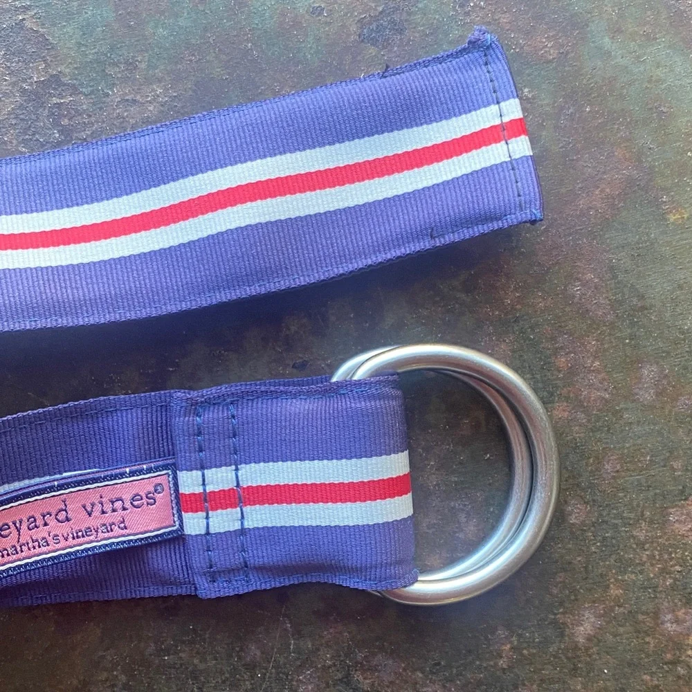 Vineyard Vines Kids D-Ring Woven Ribbon Navy Blue Belt with Red Stripe Unisex XL